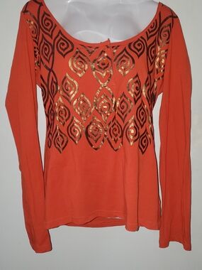 Women’s Long Sleeve Orange Top with Metallic Print